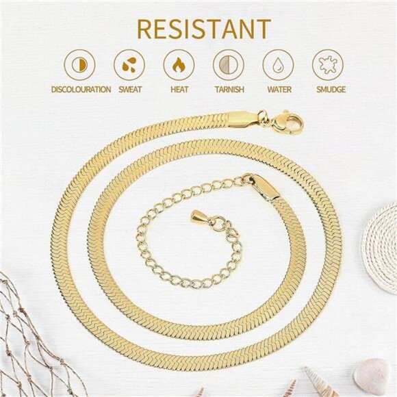 Gold Plated Necklace for Women, 14K Gold Plated Herringbone Chain Necklaces, - Picture 4 of 7